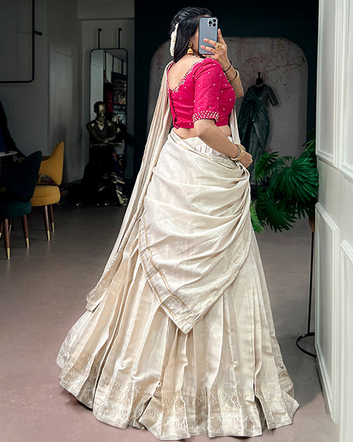Off White Color Poly Kanjivaram Designer Half Saree