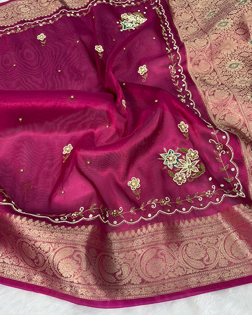 Rani Pink Color  Premium Banarasi Tissue Silk Saree