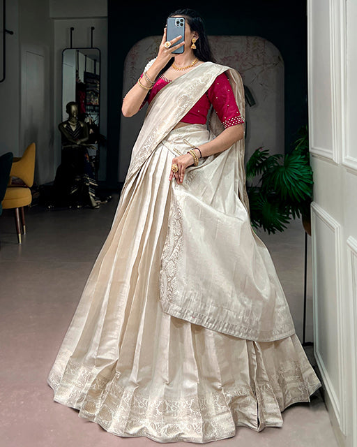 Off White Color Poly Kanjivaram Designer Half Saree
