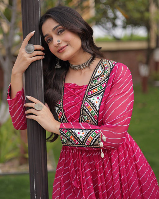 Three Color Lehariya Print Faux Georgette Navratri Gown