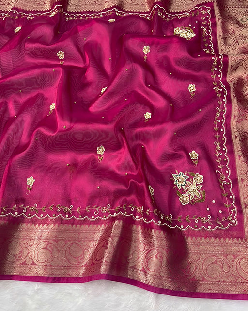 Rani Pink Color  Premium Banarasi Tissue Silk Saree