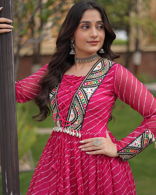Three Color Lehariya Print Faux Georgette Navratri Gown