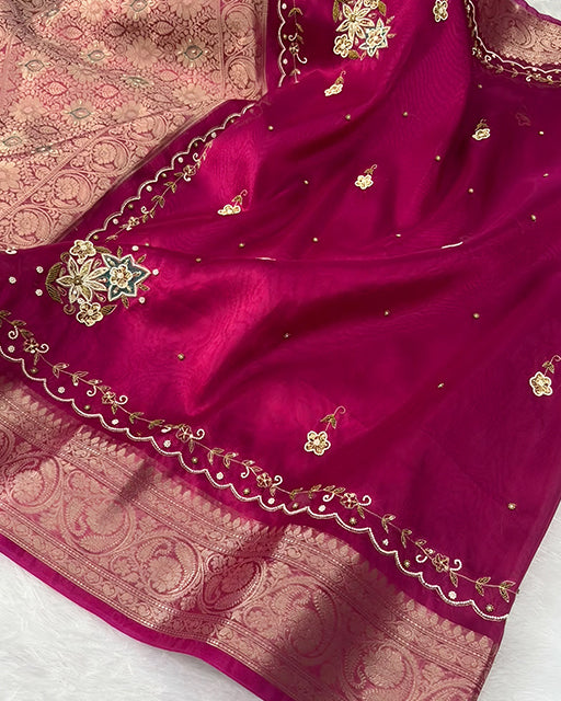 Rani Pink Color  Premium Banarasi Tissue Silk Saree