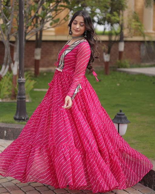 Three Color Lehariya Print Faux Georgette Navratri Gown