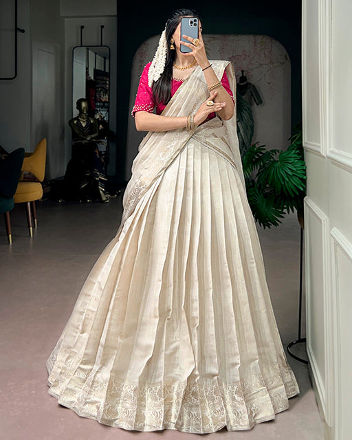 Off White Color Poly Kanjivaram Designer Half Saree