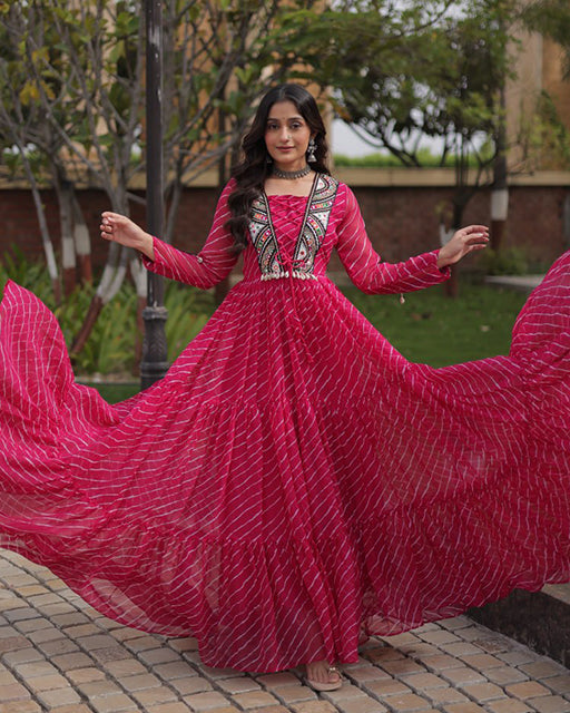 Three Color Lehariya Print Faux Georgette Navratri Gown