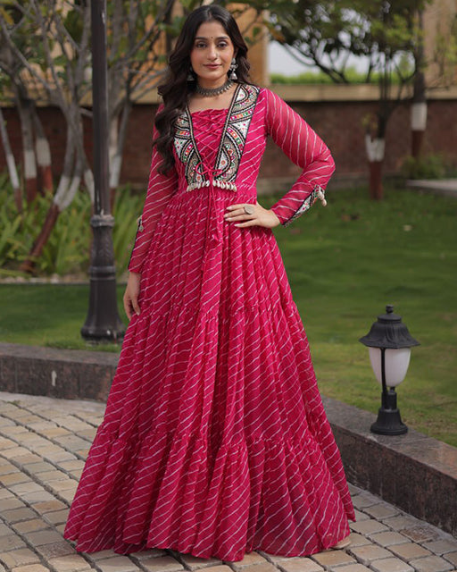 Three Color Lehariya Print Faux Georgette Navratri Gown