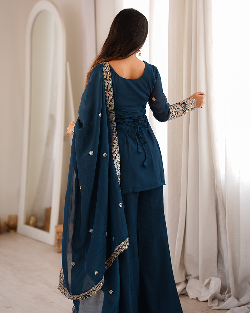 Teal Blue Color  Embroidered Crunchy Silk Plazzo Suit