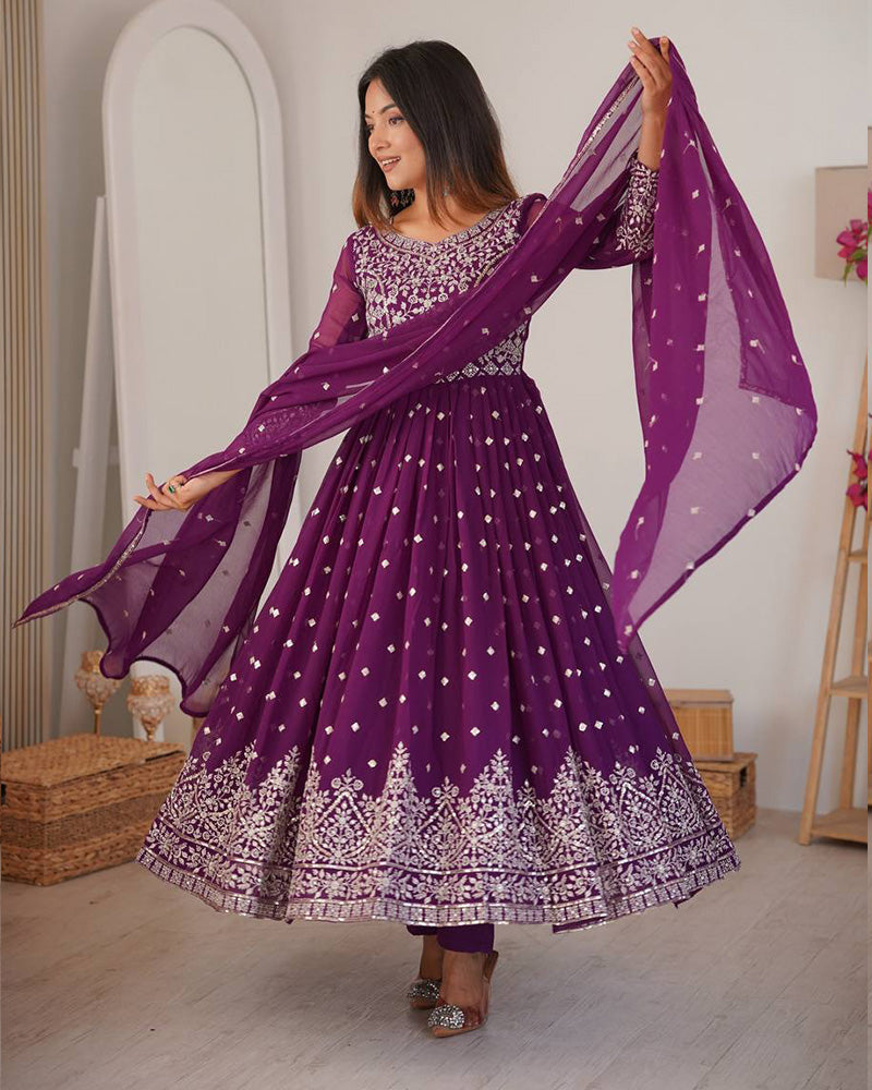 Wine  Color Georgette Sequence Embroidered Anarkali Suit