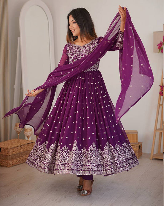 Wine  Color Georgette Sequence Embroidered Anarkali Suit