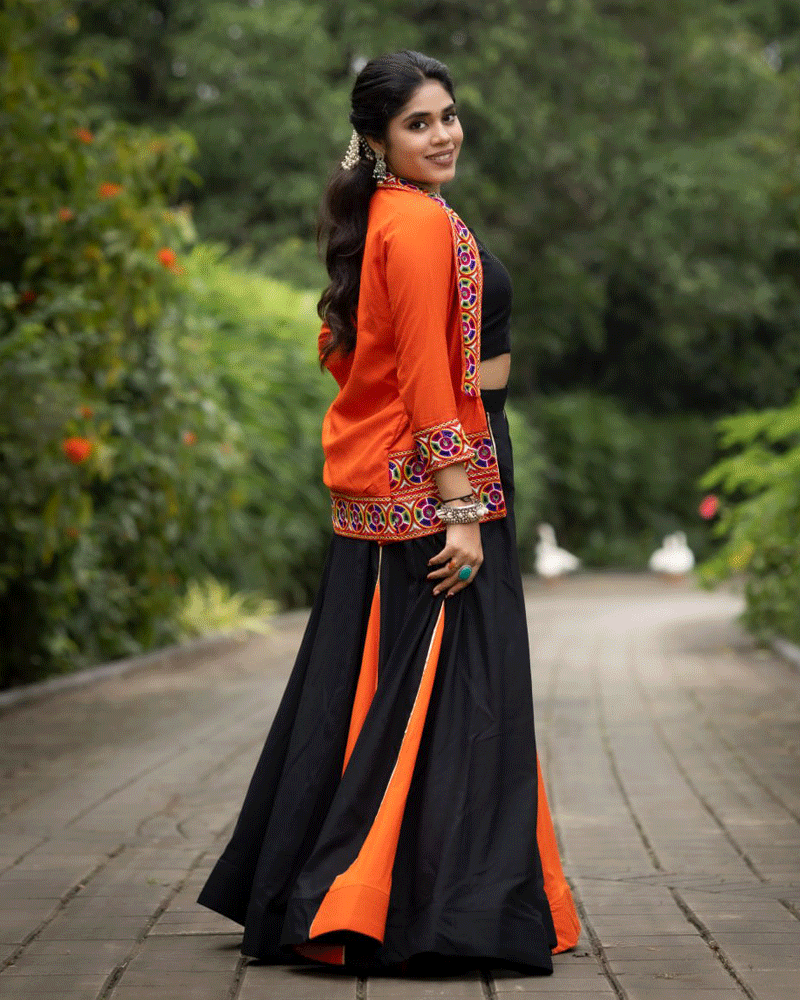 Black And Orange Color Rayon Cotton Navratri Lehenga Choli