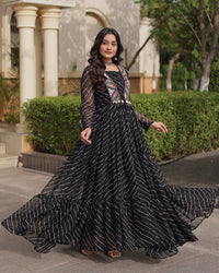 Three Color Lehariya Print Faux Georgette Navratri Gown