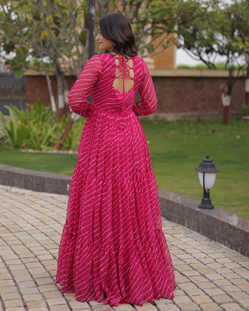 Three Color Lehariya Print Faux Georgette Navratri Gown