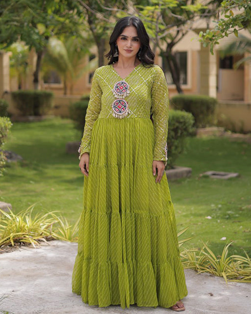 Four Color Laheriya Print Faux Georgette Navratri Gown