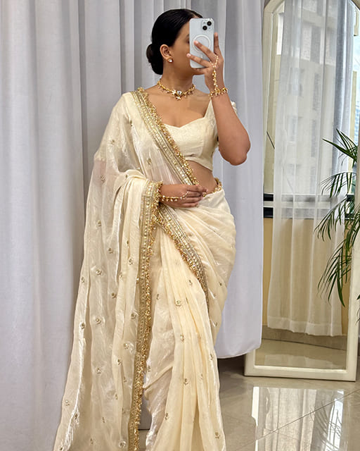 Cream Color Space Satin Embroidered Saree