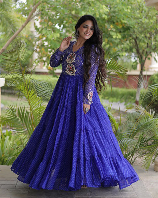 Four Color Laheriya Print Faux Georgette Navratri Gown