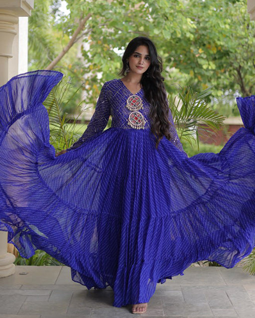 Four Color Laheriya Print Faux Georgette Navratri Gown