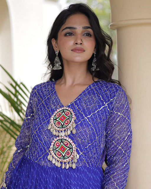 Four Color Laheriya Print Faux Georgette Navratri Gown