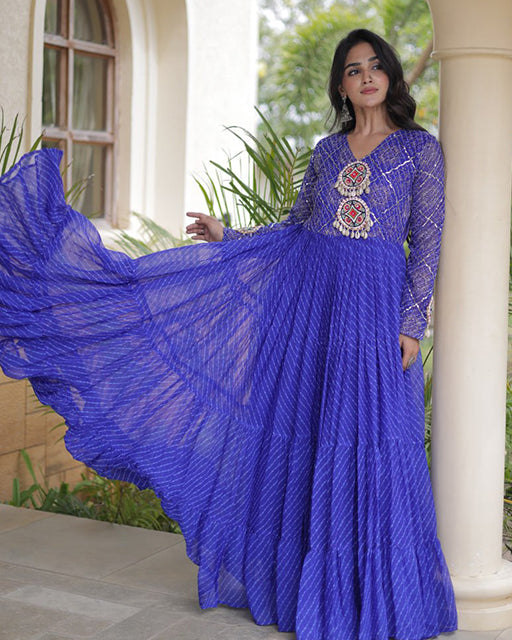 Four Color Laheriya Print Faux Georgette Navratri Gown
