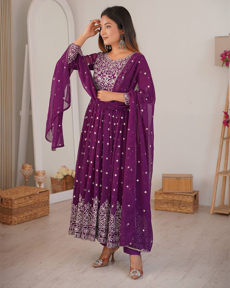 Wine  Color Georgette Sequence Embroidered Anarkali Suit
