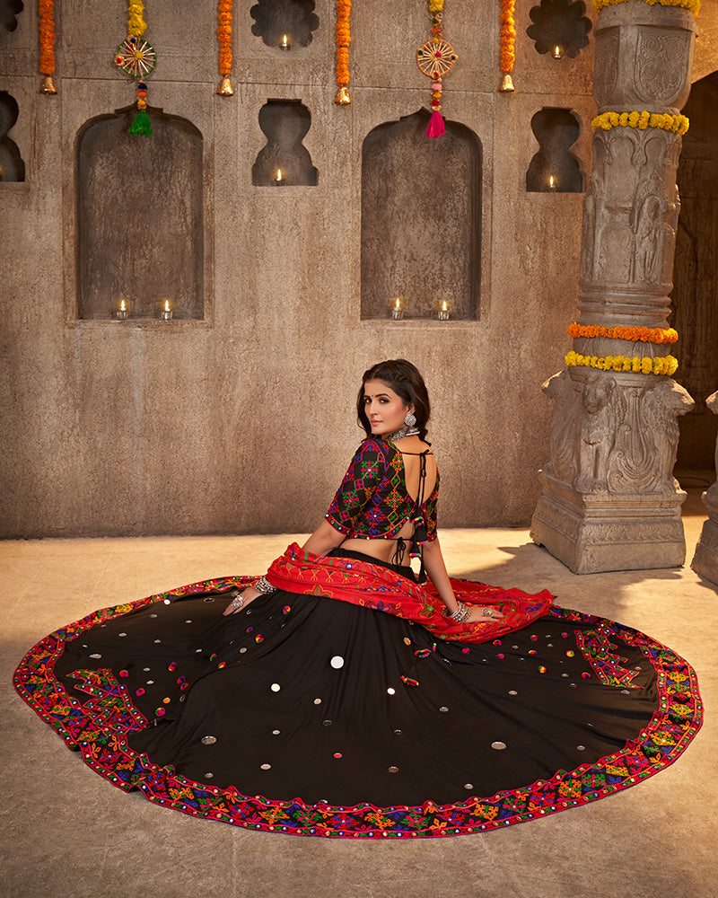 Black Color Viscose Rayon Thread With Mirror Work Navratri Lehenga Choli