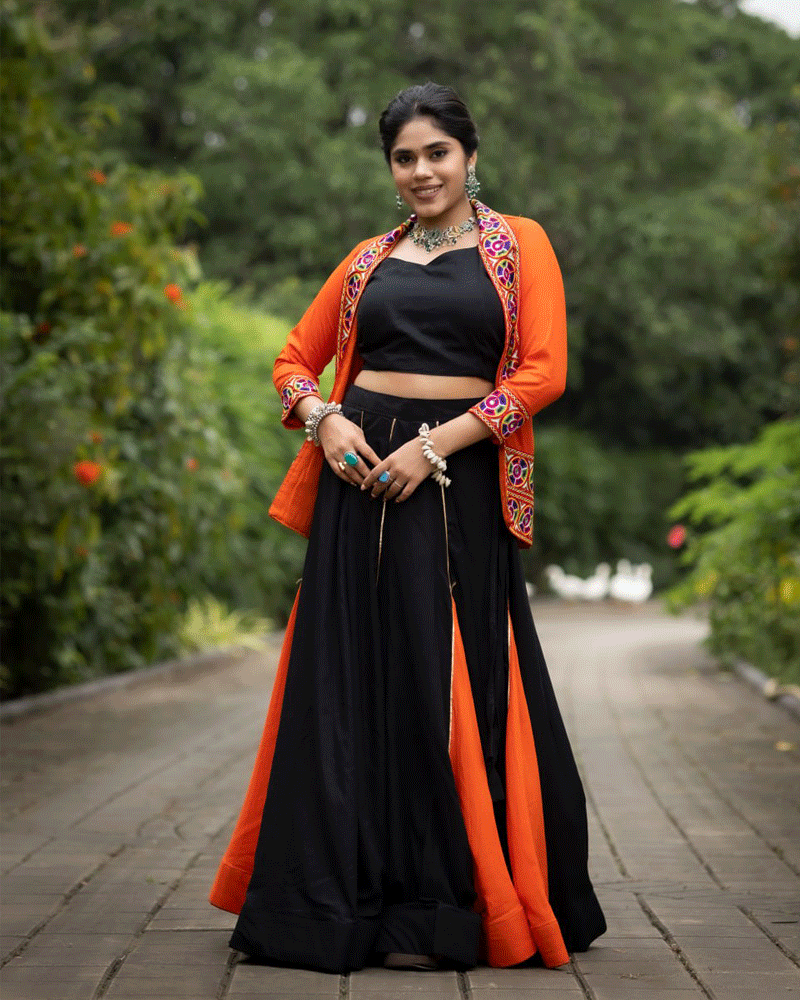 Black And Orange Color Rayon Cotton Navratri Lehenga Choli