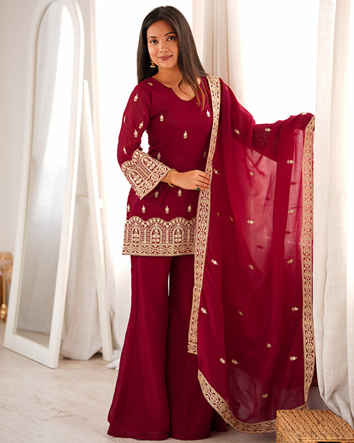 Maroon  Color Crunchy Silk Embroidered Plazzo Suit