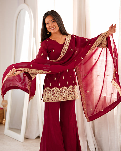 Maroon  Color Crunchy Silk Embroidered Plazzo Suit