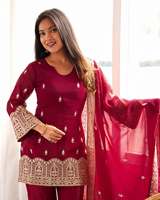 Maroon  Color Crunchy Silk Embroidered Plazzo Suit