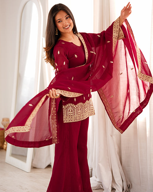 Maroon  Color Crunchy Silk Embroidered Plazzo Suit