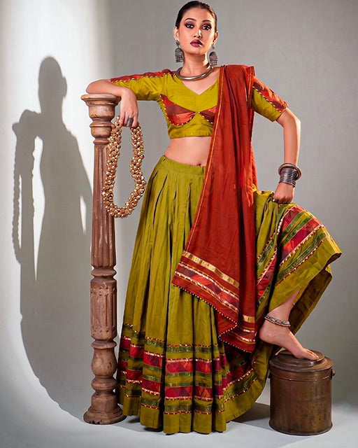 Olive Yellow Color Dhabu Cotton Navratri Lehenga  Set