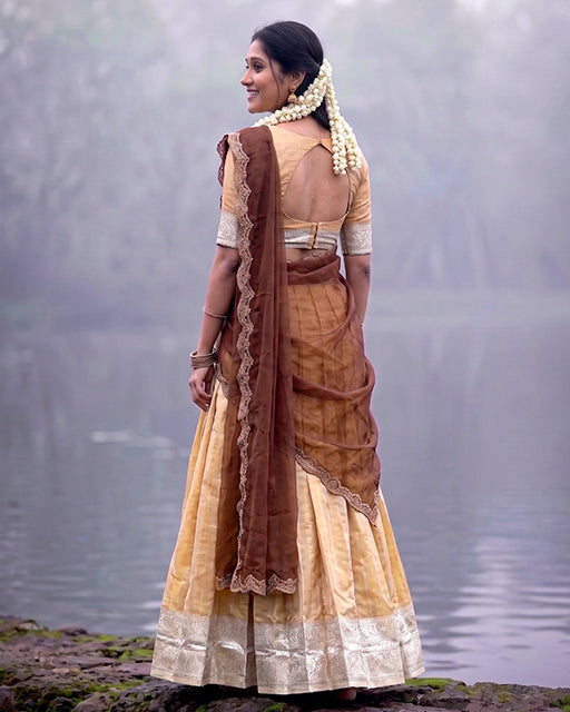 South Indian Style Cream Color Kanchipuram Half Saree