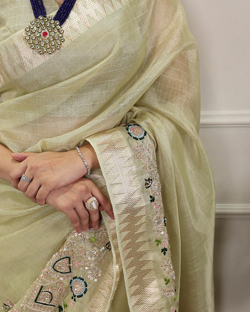 Pista Color Embroidered Kota Tissue Saree