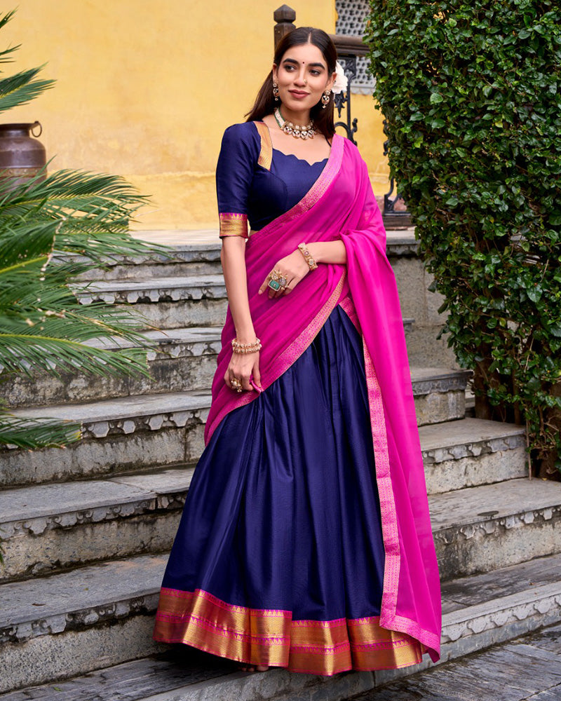 Designer Navy Blue Color Poly Cotton Half Saree
