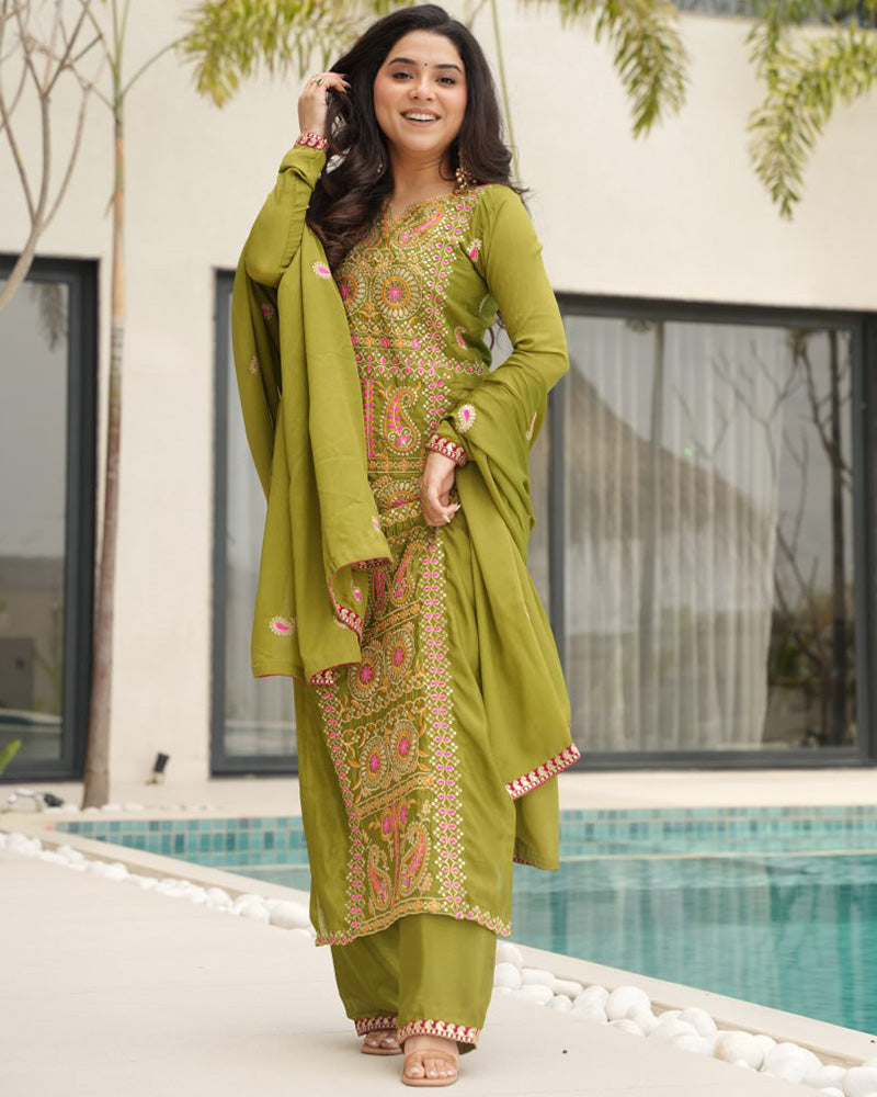 Parrot Color Chinon Embroidered Kurti Suit