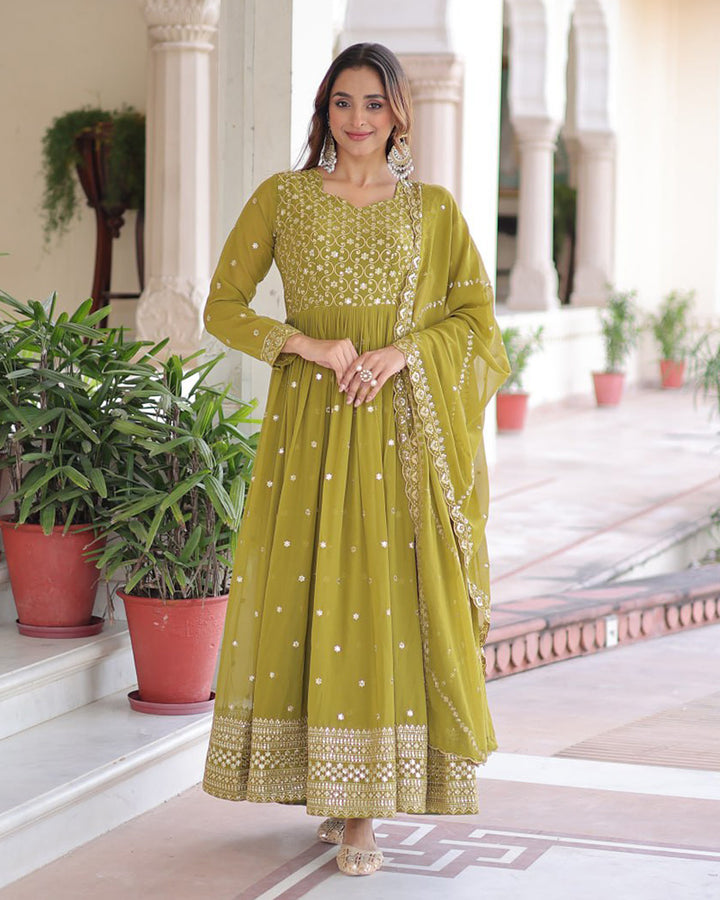 Mehndi Green Color Georgette Embroidered Designer Gown