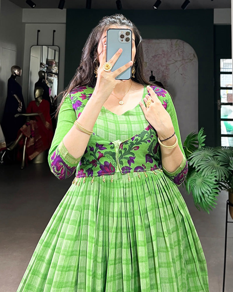 Parrot Green Color Viscose Chanderi Printed Gown