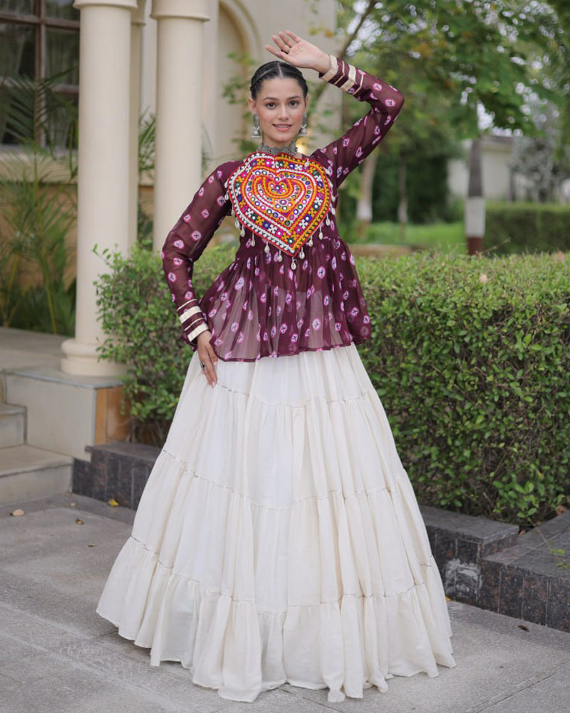 Wine Color Bandhani Printed With Kora Cotton Navratri Lehenga Set