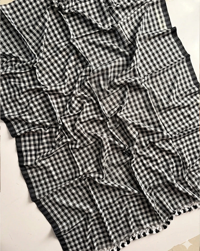 Black Color Pure Mal Cotton Chex Printed Saree