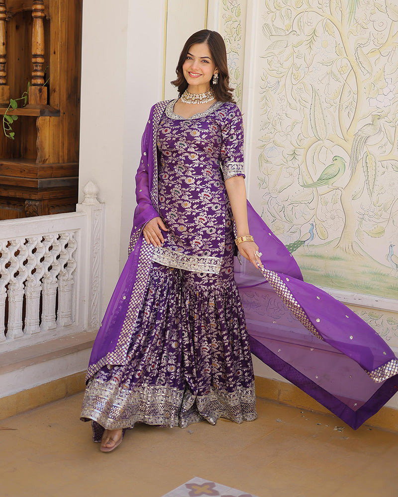 Purple Color Viscose Jacquard Three Piece Gharara Suit