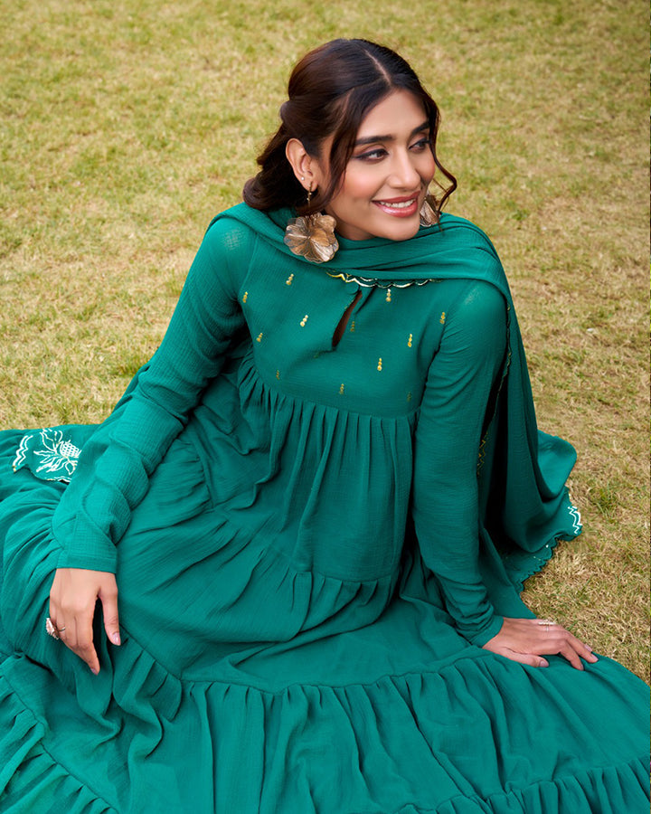 Teal Green Color Marble Three Piece Anarkali Suit