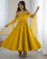 Yellow Color Chanderi Pure Roman Silk Anarkali Suit