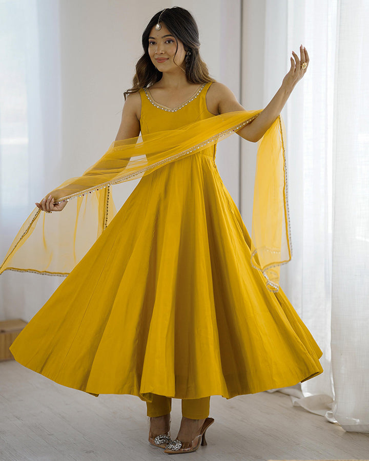 Yellow Color Chanderi Pure Roman Silk Anarkali Suit