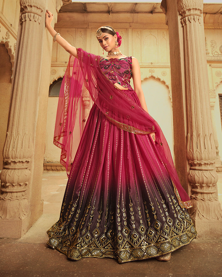 Designer Pink To Purple Color Silk Embroidered Lehenga Choli