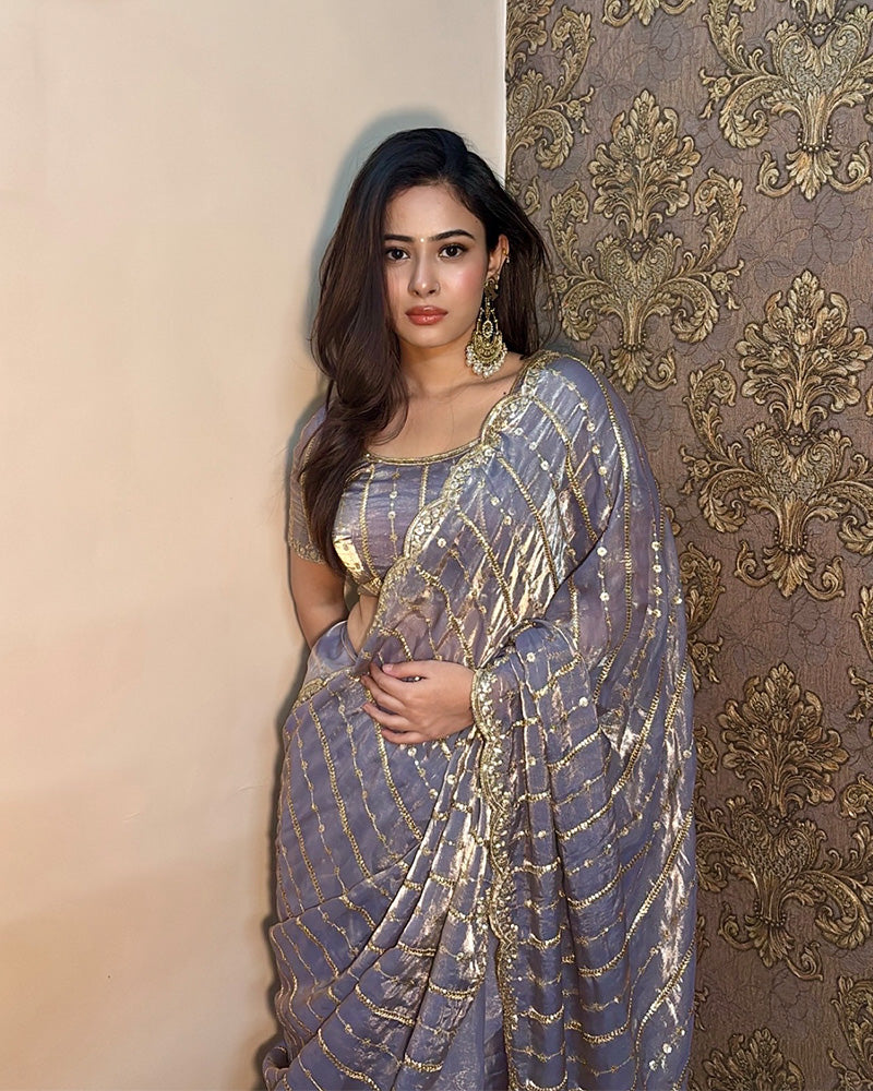 Dusty Blue Color Soft Space Silk Saree
