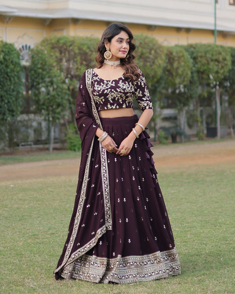 Wedding Wear Dark Wine Color Designer Blooming Lehenga Choli