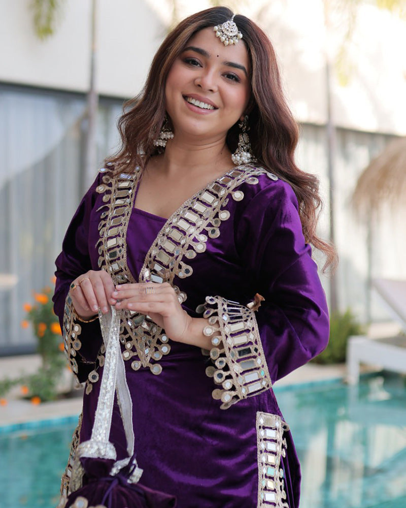 Deep Violet Color Ice Velvet Embroidered Plazzo Suit