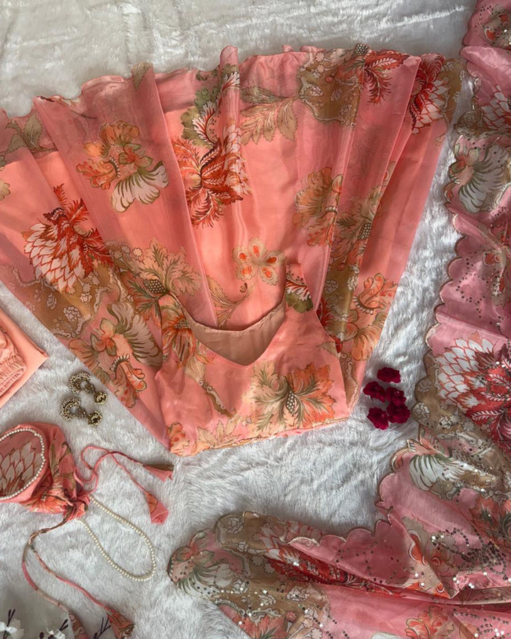 Peach Color Digital Printed Soft Organza Anarkali Suit