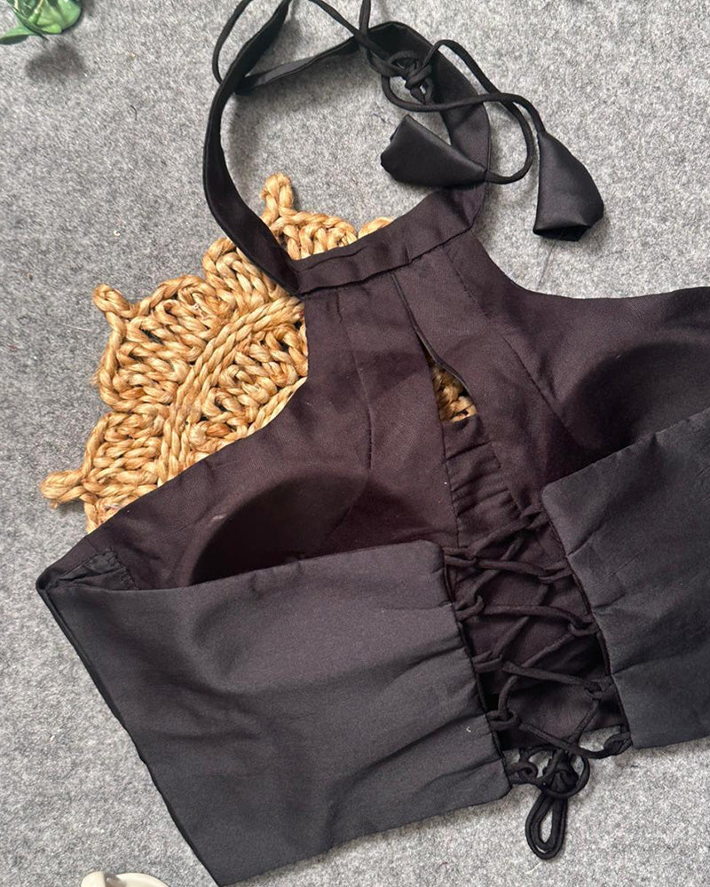 Fancy Black Color Cotton Silk Spaghetti Blouse