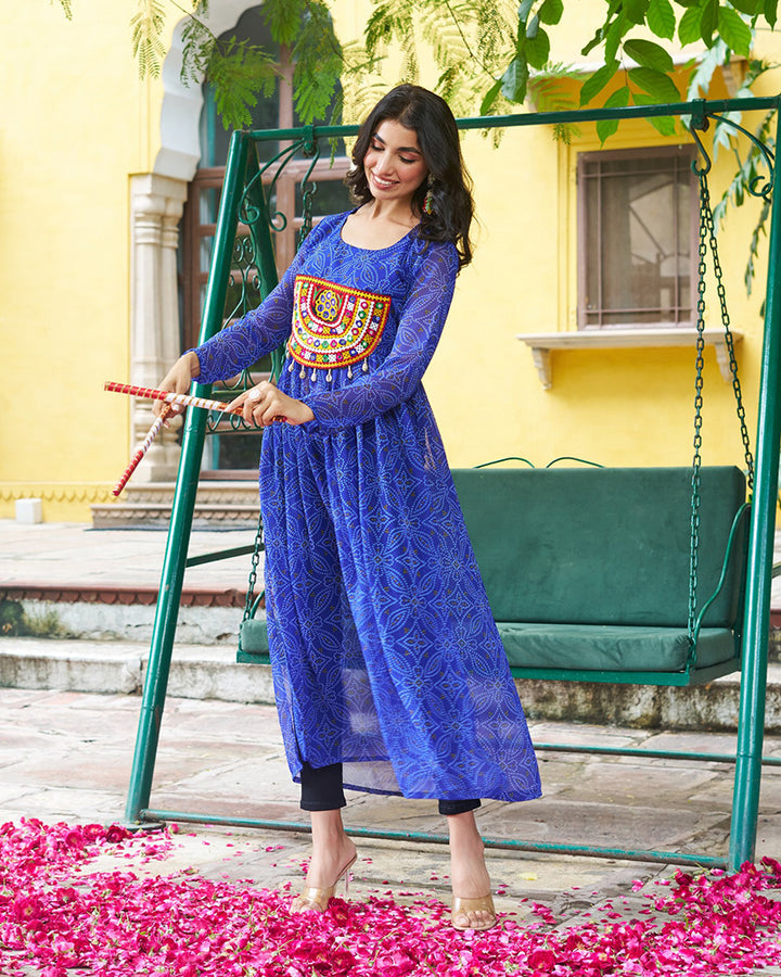 Festive blue Georgette Printed Kurti With Gamthi Patchwork